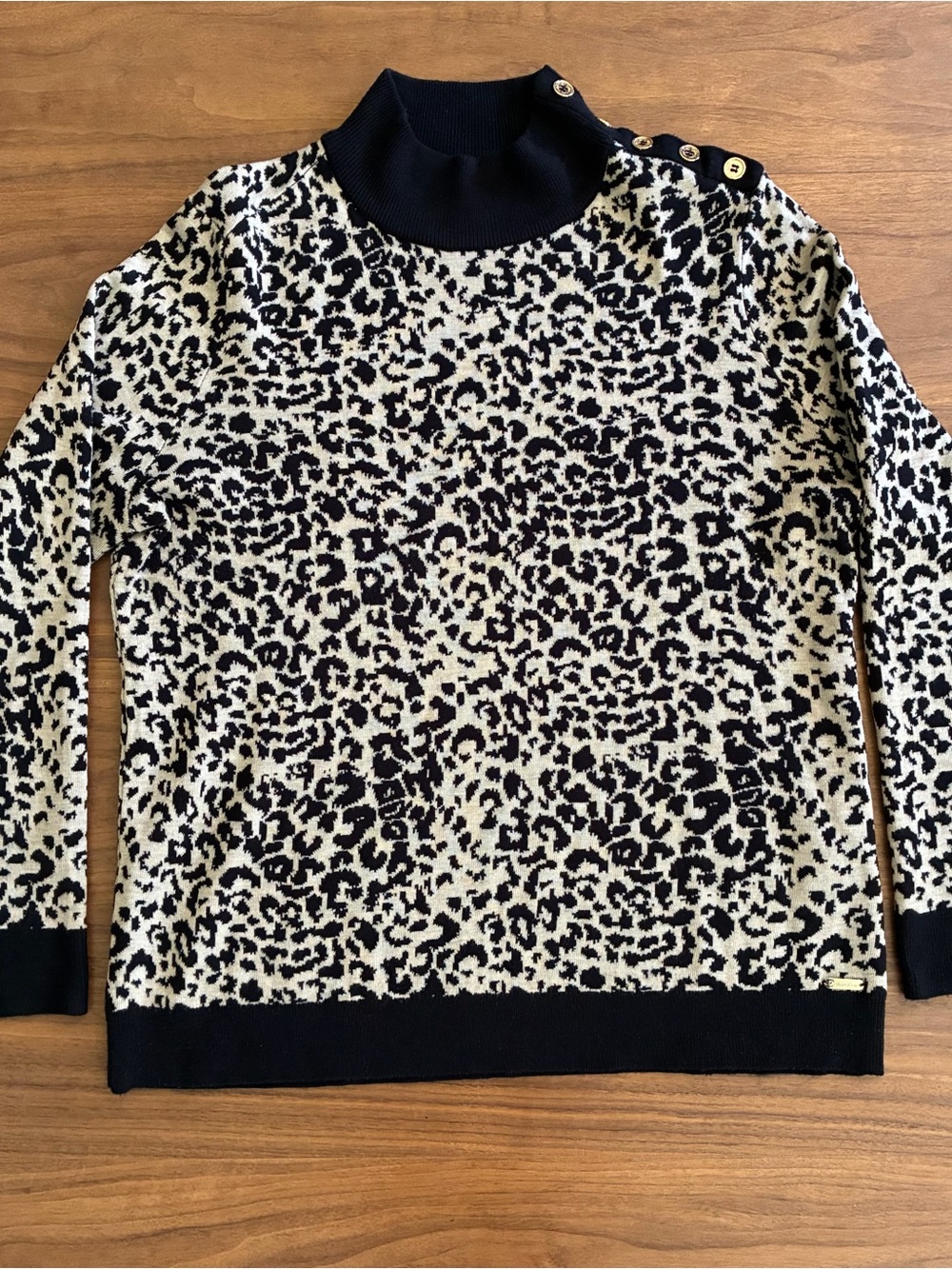 Calvin Klein Leopard Mock Neck Sweater Gold Button Detail Large
